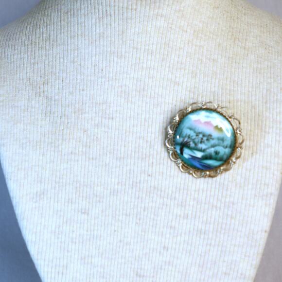 Scenic Cameo Brooch Blowing Tree Flowing River Pink Mountaintops Filagree Frame - Picture 1 of 8